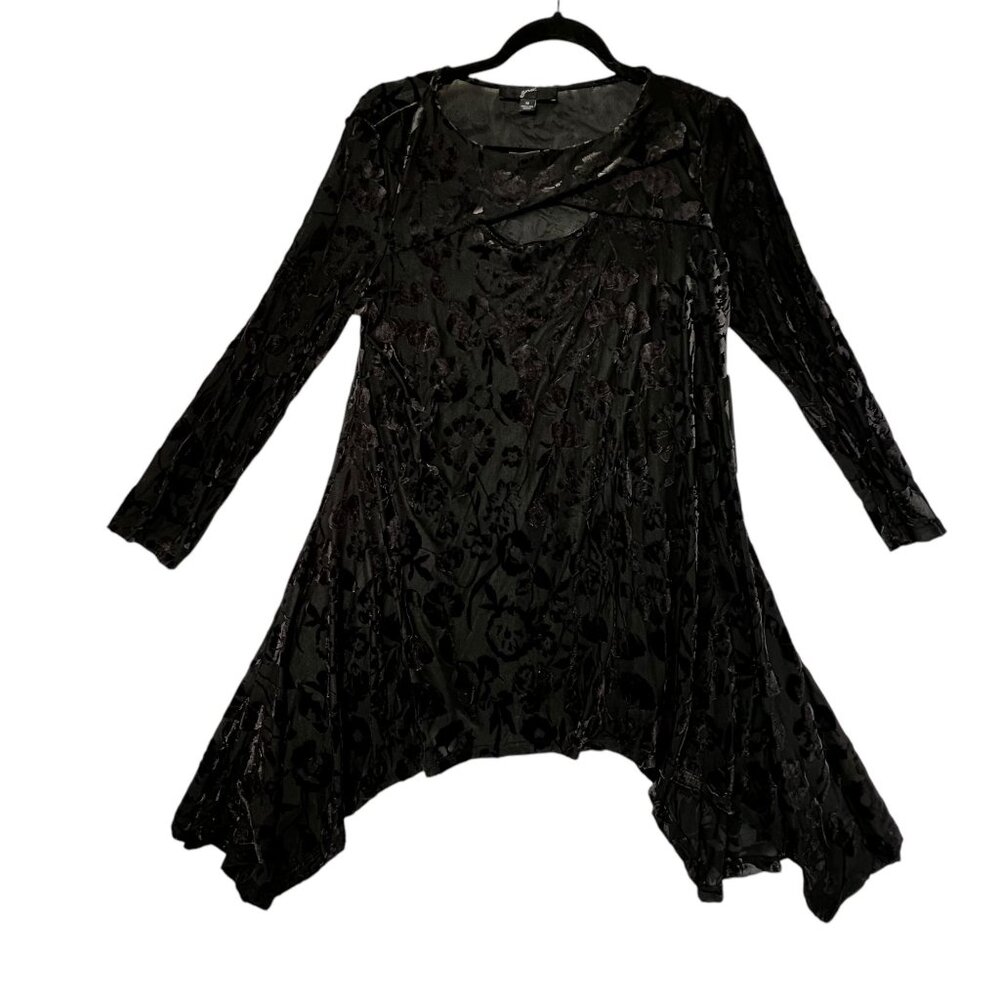 Velvet Floral Burnout Asymmetric Tunic NWT Cut Out Long Sleeve Black Sheer Med - Picture 3 of 10